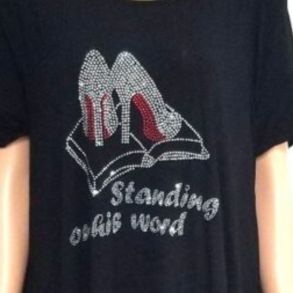 Women's New Black Rhinestone Short Sleeve T-Shirt Standing on his word Size 2X - Picture 2 of 3
